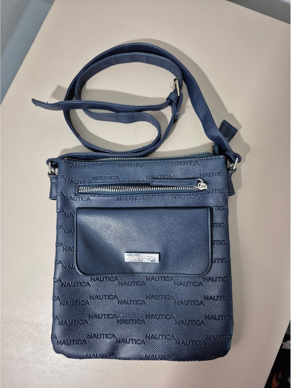 Nautica Navy Blue Embossed Logo Crossbody Bag Adjustable Strap